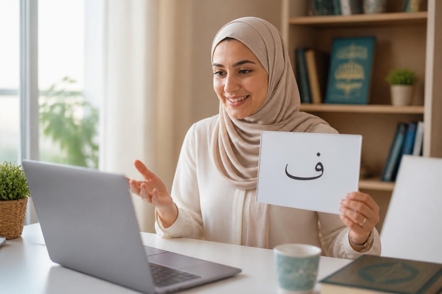 A happy Arab-American child waving at their Jordanian tutor during a live Zoom Arabic lesson